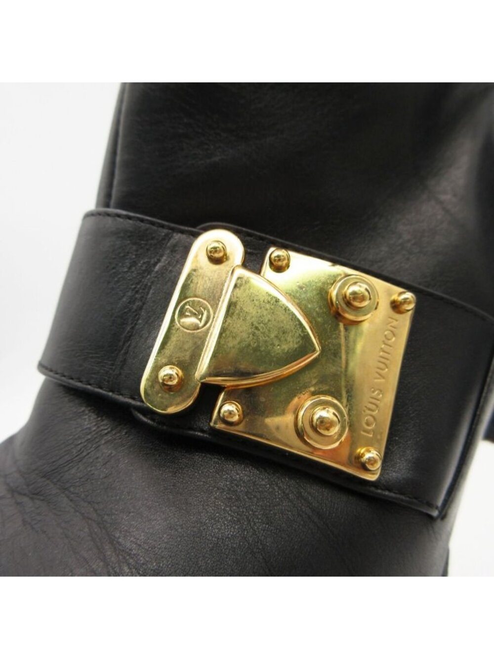 Louis Vuitton Boots Gold Buckle Leather Long Shoes Chunky Heels Side Zip Black - Picture 7 of 10